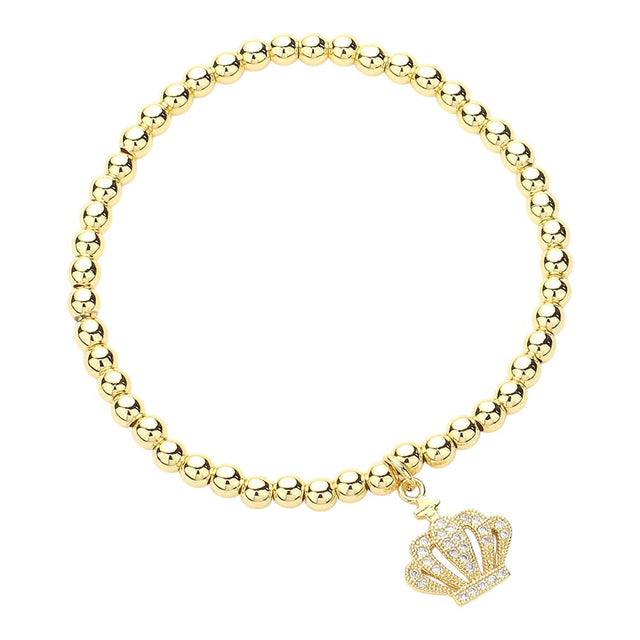 Gold CZ Stone Paved Crown Charm Bracelet is made of durable stainless steel and features sparkling cubic zirconia stones. The stretch design allows for a comfortable fit for any wrist size. Enhance any outfit with this stylish and sophisticated accessory.