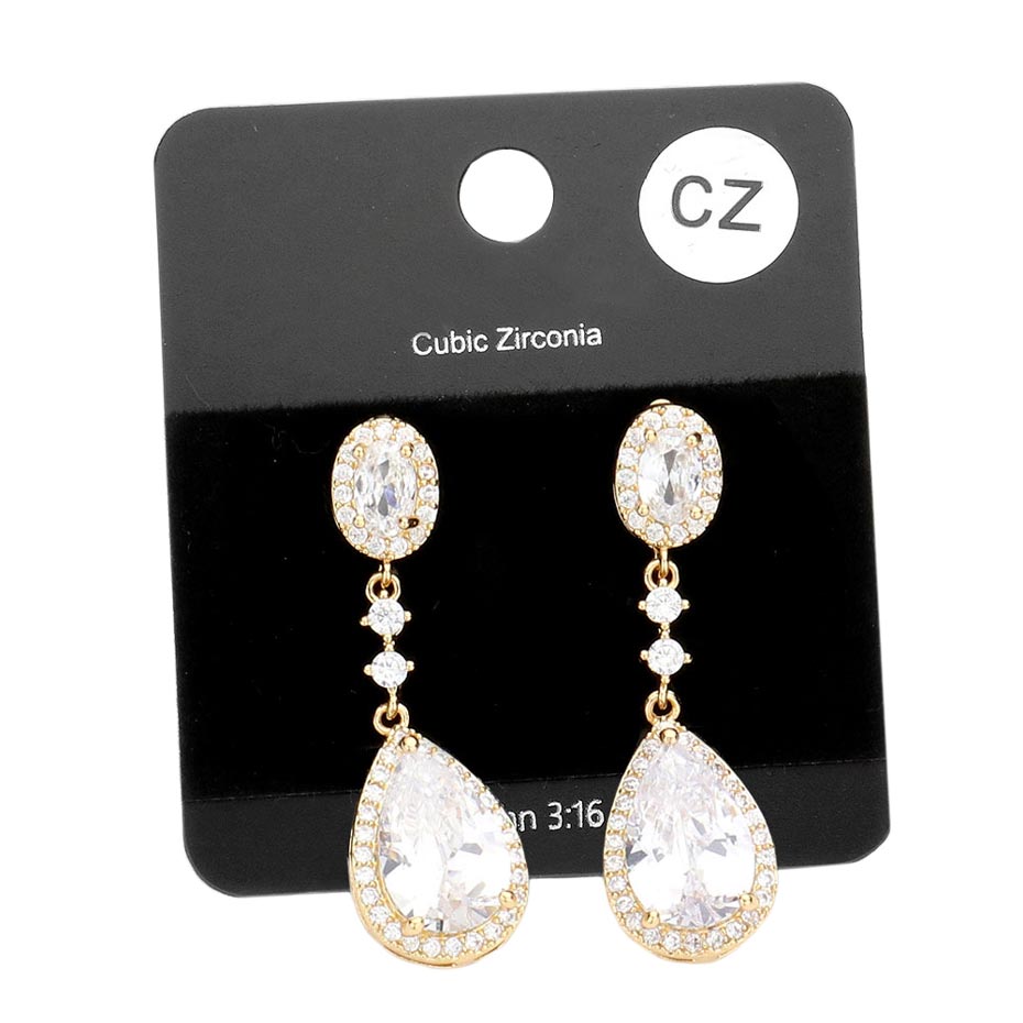 Gold CZ Teardrop Accented Evening Earrings, enhance your attire with these vibrant beautiful cz teardrop evening earrings to dress up or down your look on special occasions. These beautifully unique designed earrings with beautiful colors are suitable as gifts for wives, lovers, special occasions, anniversaries, etc.