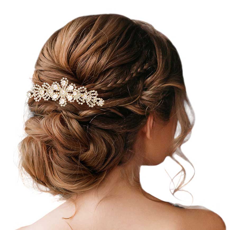 Gold CZ Teardrop Stone Accented Flower Hair Comb, is a beautiful way to add a touch of glamour to any hairstyle with your special outfit. This comb is the perfect accessory for any special occasion. An excellent gift item for birthdays, anniversaries, weddings, bridal showers, proms, and other special occasions.
