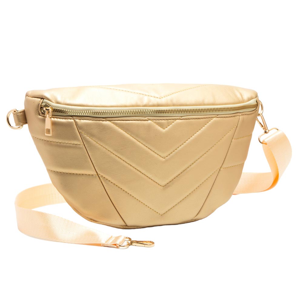Gold Chevron Patterned Solid Sling Bag, is a stylish and versatile accessory. Its adjustable shoulder strap allows for comfortable wear, while the compact size is perfect for carrying your essentials like your phone, wallet, keys, and more. Perfect gift for traveler friends, fashion-forwarded family members, and friends. 