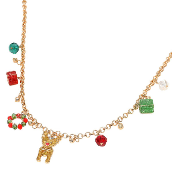 Bring festive joy to your style with this Christmas reindeer charm necklace featuring holiday-themed pendants like a wreath, gift, and sparkling beads. Designed on a delicate chain, this playful accessory is perfect for parties, gifting, or adding cheerful charm to your holiday outfits.