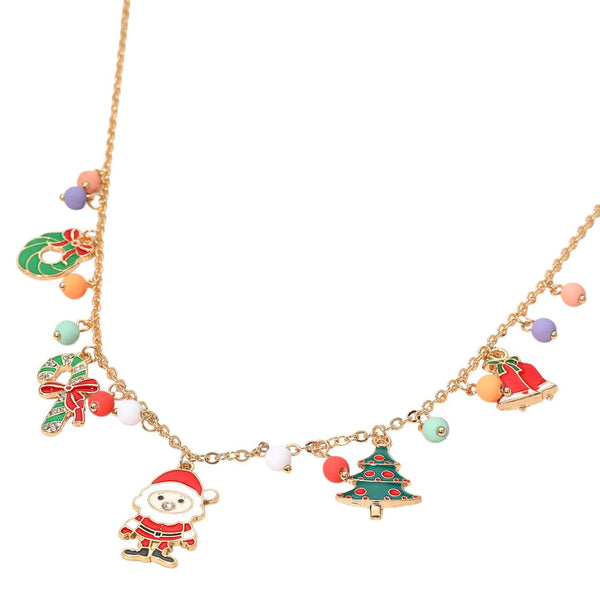 Spread holiday cheer with this Christmas charm necklace featuring festive pendants like Santa, a tree, candy cane, and bell. Accented with colorful beads on a delicate chain, this playful accessory is perfect for holiday parties, gift giving, or adding seasonal sparkle to your look.