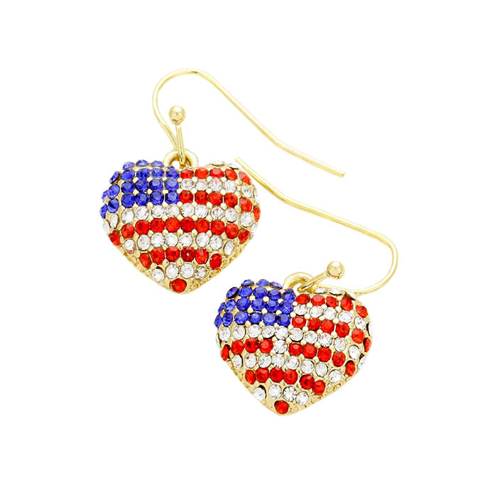 Gold Clear Pave American Flag Heart Earrings, enhance your attire with these vibrant artisanal earrings to show off your fun trendsetting style. Show your love for your country with these sweet American Flag heart earrings. Red, white, and blue are used for a trendy fireworks flare.