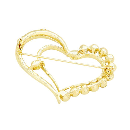 Stone Trimmed Heart Pin Brooch - Gold Clear