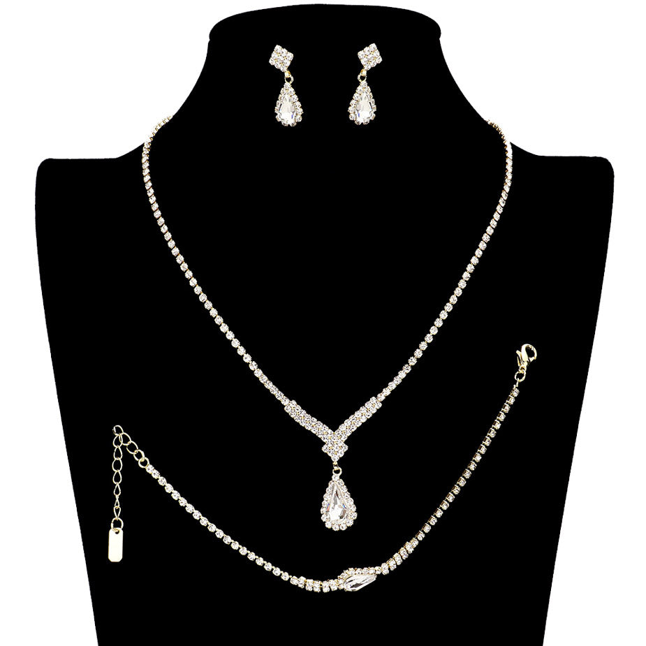 Gold Crystal Teardrop Stone Accented Rhinestone Necklace Jewelry Set radiates luxury and sophistication, intricately faceted rhinestones will shimmer in the light and the teardrop stones make each piece timeless and elegant. Perfect Birthday, Christmas, Anniversary Gift, Prom, Graduation, Regalo de Cumpleanos, Aniversario, Navidad
