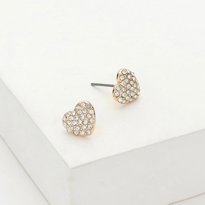 Gold-Crystal Stone Paved Heart Stud Earrings add a touch of sparkle to any outfit. Expertly crafted with crystal stones, they offer a timeless and elegant look. Perfect for any occasion, these earrings are a must-have for any jewelry collection.