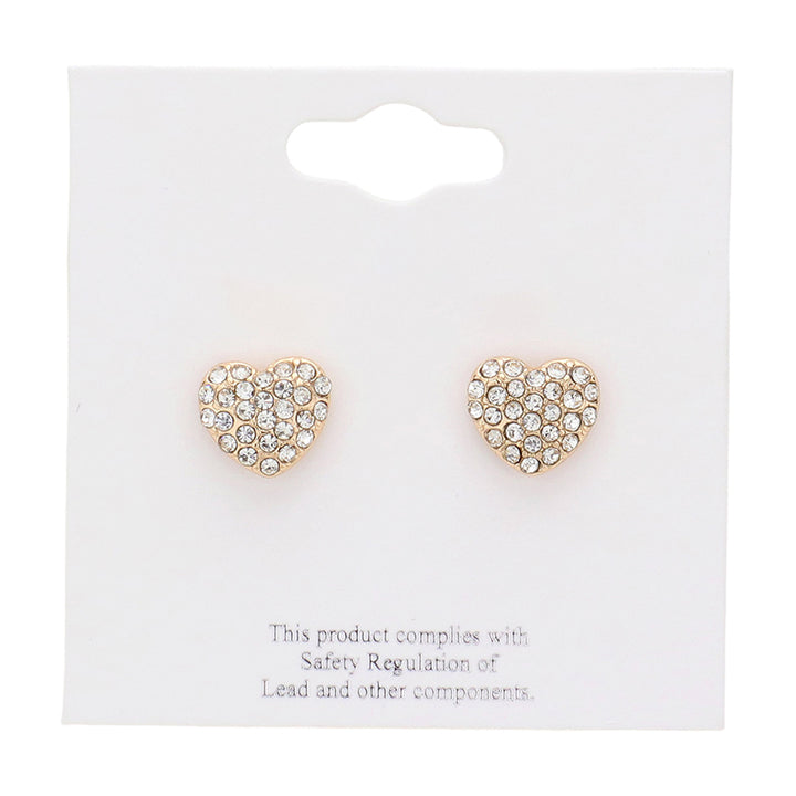 Gold-Crystal Stone Paved Heart Stud Earrings add a touch of sparkle to any outfit. Expertly crafted with crystal stones, they offer a timeless and elegant look. Perfect for any occasion, these earrings are a must-have for any jewelry collection.