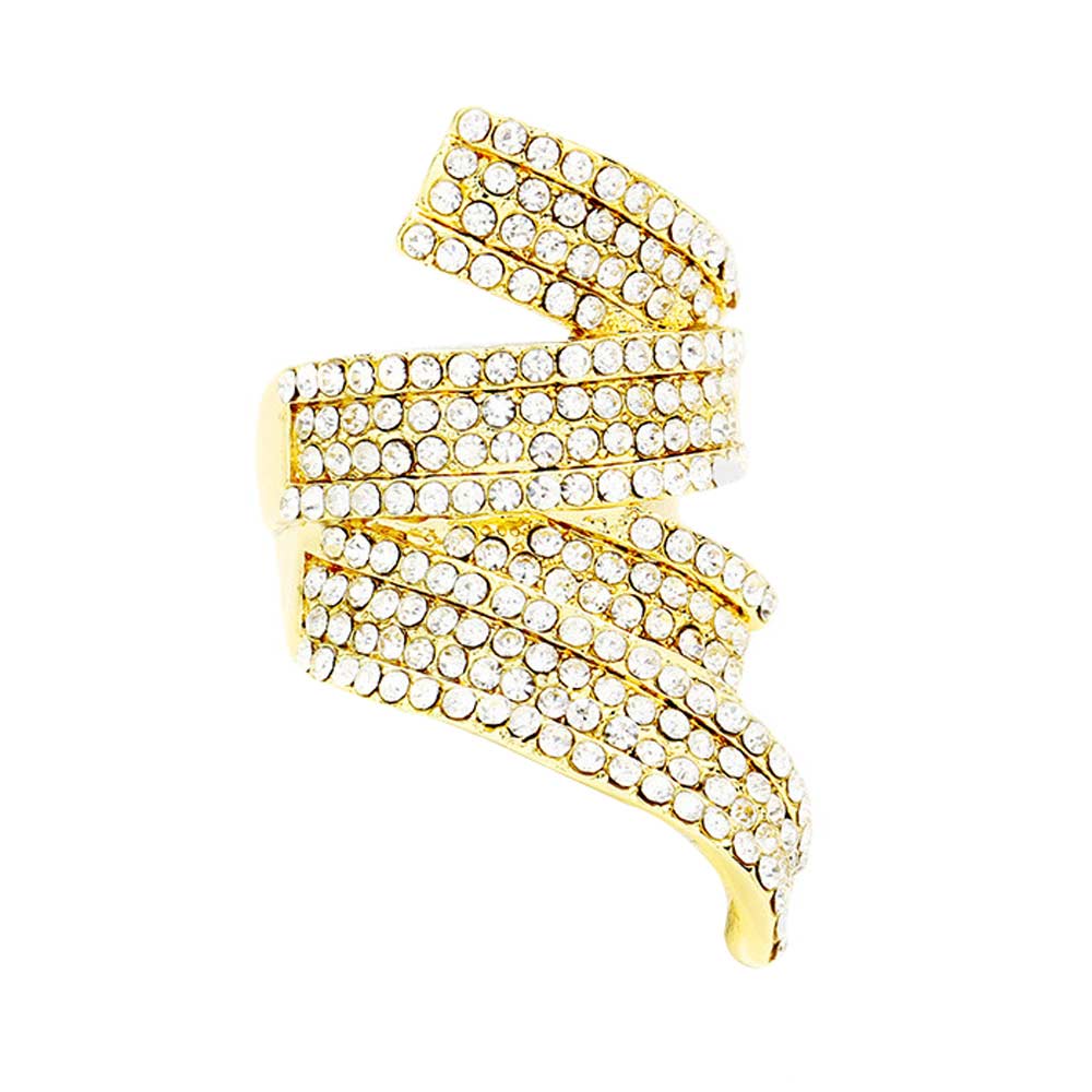 Gold Crystal Pave Stretch Ring, This Crystal Pave Stretch Ring is a fashionable and stylish piece of jewelry. Made of zinc alloy with a crystal pave, this ring is perfect for glamorous occasions. The adjustable and flexible design makes it easy to put on and take off. Shine and sparkle with this beautiful ring! 
