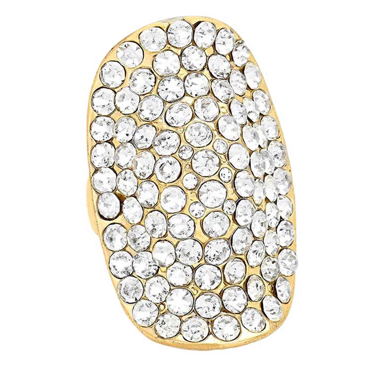 Gold Crystal Rhinestone Pave Stretch Cocktail Ring is the perfect accessory for any outfit and it will add a touch of luxury to your look. It features a stretchable band for added comfort.  An exquisite gift for your wife, sister, girlfriend, mom, and friends. Perfect for adding a touch of glam to any outfit. 