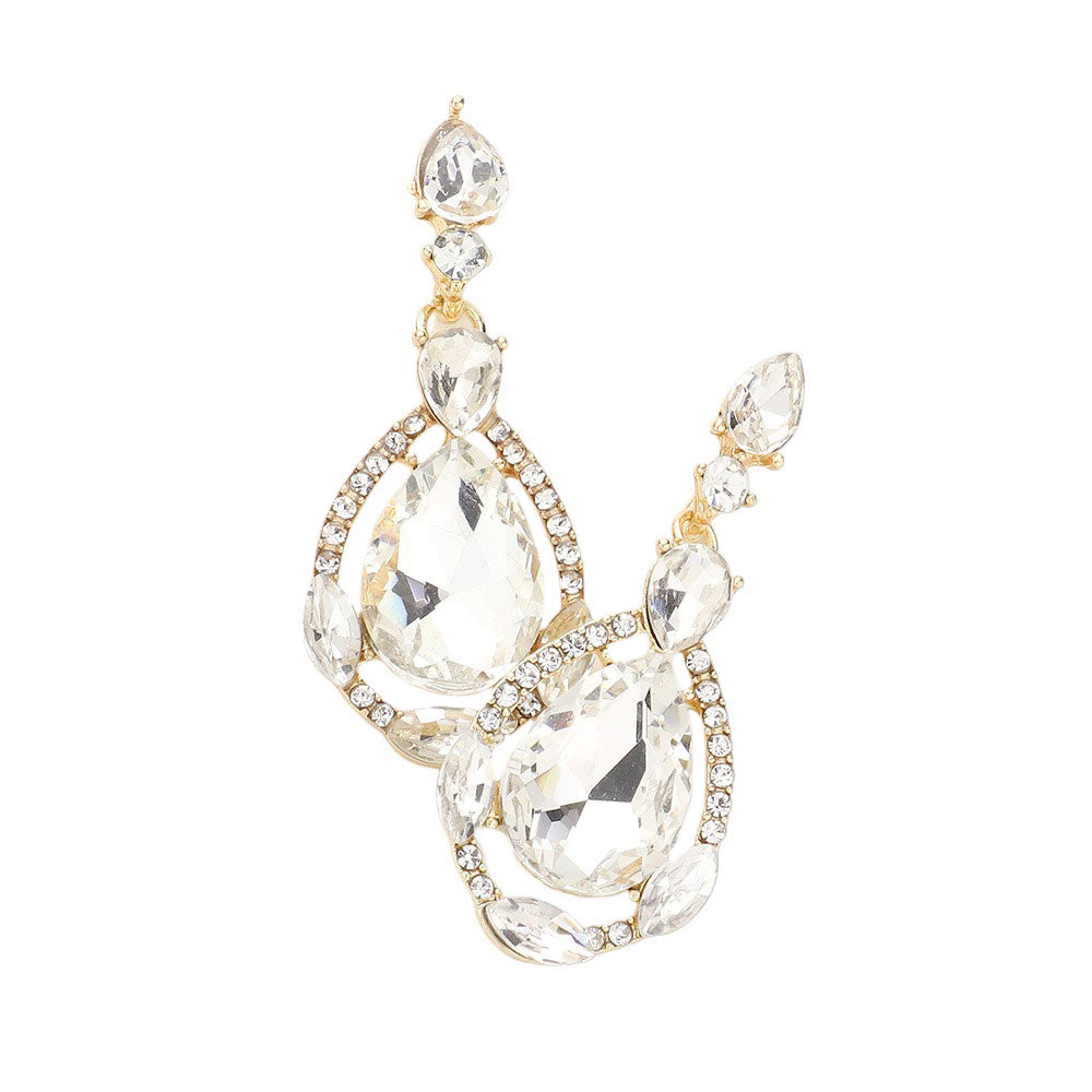 Gold Crystal Rhinestone Teardrop Evening Earrings, are beautifully crafted with glimmering crystal rhinestones and a teardrop design that adds elegance and charm to your look. They are the perfect accessory for adding a touch of glamour to any special occasion. A quintessential gift choice for loved ones on any special day.