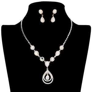 Gold Cubic Zirconia Pave Teardrop Detail Bib Jewelry Set, Featuring teardrop-shaped details with pave cubic zirconia accents, this exquisite jewelry set will make a lasting impression. Perfect for special occasions or everyday wear. Excellent Birthday Gift, Anniversary Gift, Mother's Day Gift, Graduation Gift.