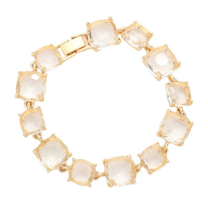 Gold Cushion Square Stone Link Evening Bracelet, is the perfect accessory for any occasion. Crafted with a diamond-like cut and a gorgeous link pattern, this bracelet is sure to turn heads. This unique design is sure to make look stylish. Crafted with attention to detail, this bracelet will add a touch of glamour to attire.