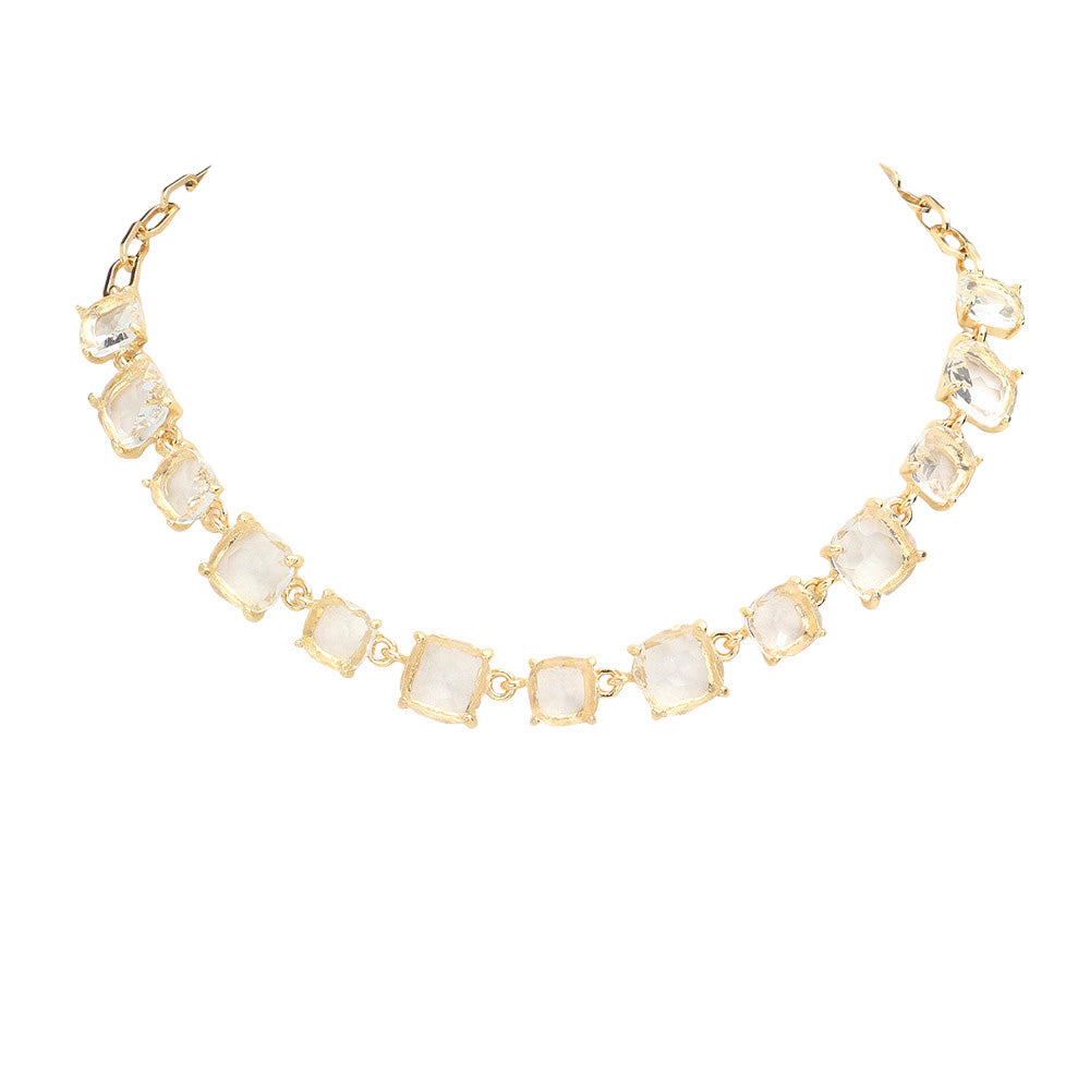 Gold Cushion Square Stone Link Evening Necklace, is the perfect accessory for any occasion. Crafted with attention to detail, this evening necklace will add a touch of glamour to any attire. Perfect Birthday Gift, Mother's Day Gift, Anniversary Gift, Christmas Gift, Valentine's Day Gift, Wedding Party.