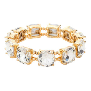 Gold Cushion Square Stone Stretch Evening Bracelet, features a delicate combination of stones set in a modern cushion square. Perfect for adding sparkle and sophistication to any outfit. This is the perfect gift, especially for your friends, family, and the people you love and care about.