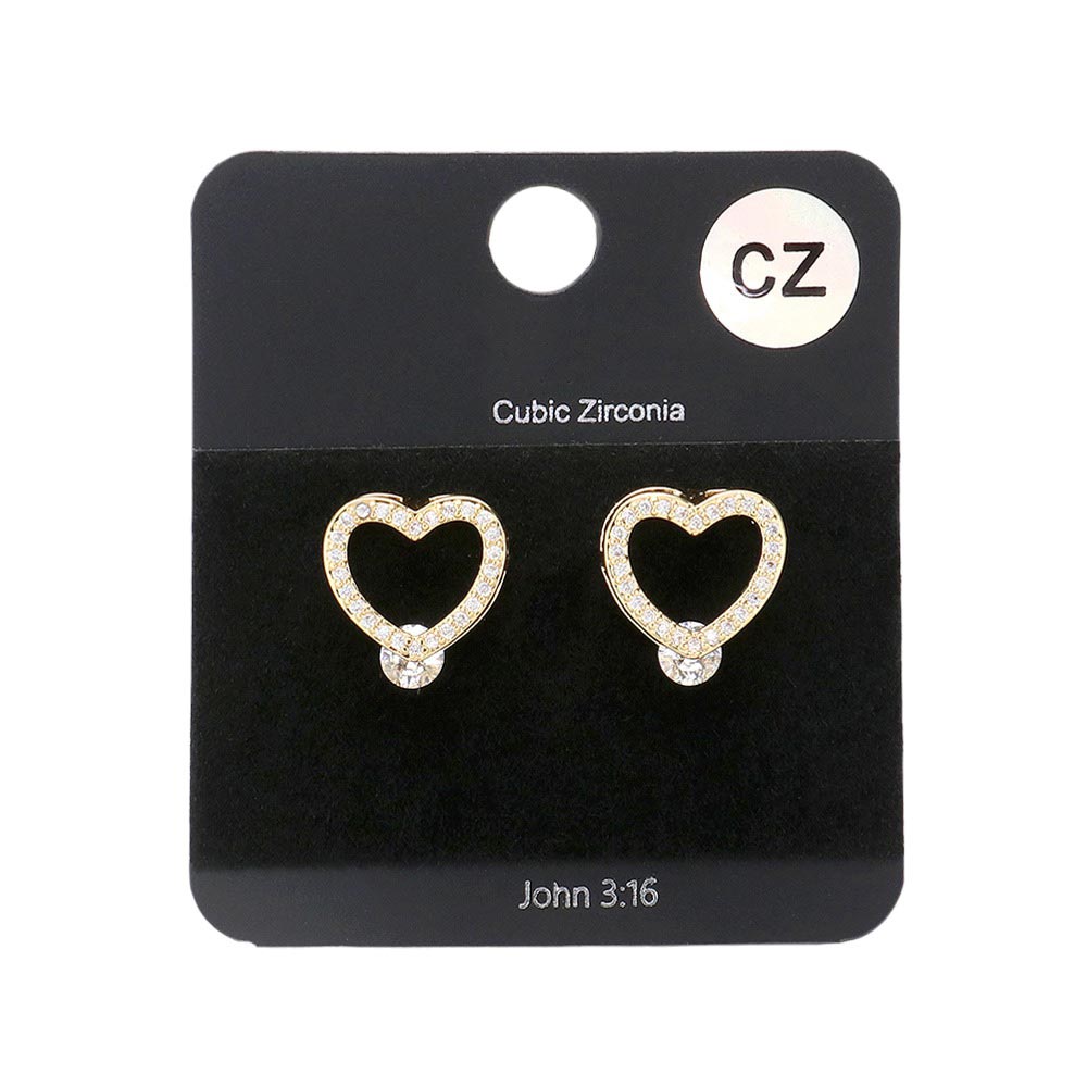 Gold CZ Stone Paved Open Heart Stud Earrings, Featuring a stunning design with pave set CZ stones, adds the perfect touch of elegance to your favorite outfits. Crafted in a classic heart shape, these earrings will be a timeless addition to your jewelry box. Perfect for any special occasion or giving a timeless gift.