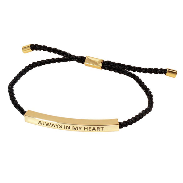 Gold-Dipped ALWYAS IN MY HEART Message Bar Pointed Rope Adjustable Cinch Pull Tie Bracelet is expertly crafted with a pointed design and adjustable rope for comfort and durability. With its meaningful message, this bracelet serves as a reminder of your unwavering persistence and dedication.