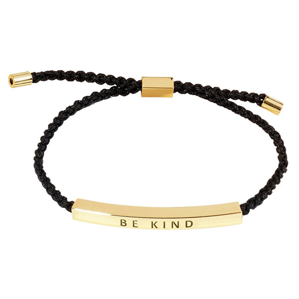 Gold-Dipped BE KIND Message Bar Pointed Rope Adjustable Cinch Pull Tie Bracelet is a stylish and meaningful accessory. The dipped message bar serves as a reminder to always spread kindness and the adjustable pointed rope design allows for a perfect fit. Made with quality materials for lasting wear. 