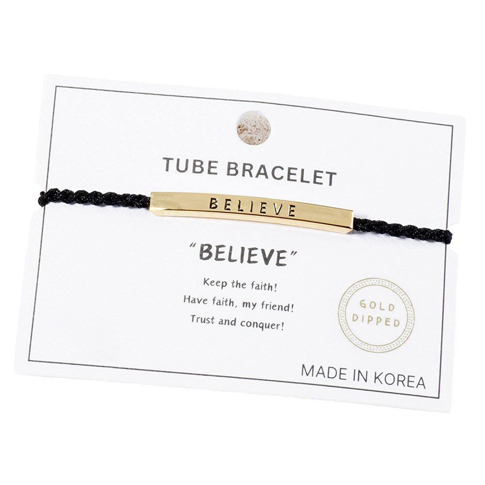 Gold-Dipped BELIEVE Message Bar Pointed Rope Adjustable Cinch Pull Tie Bracelet features an adjustable cinch pull tie for a perfect fit. The "BELIEVE" message bar adds a touch of inspiration to any outfit. Made with durable rope, this bracelet is designed to last and elevate your style.