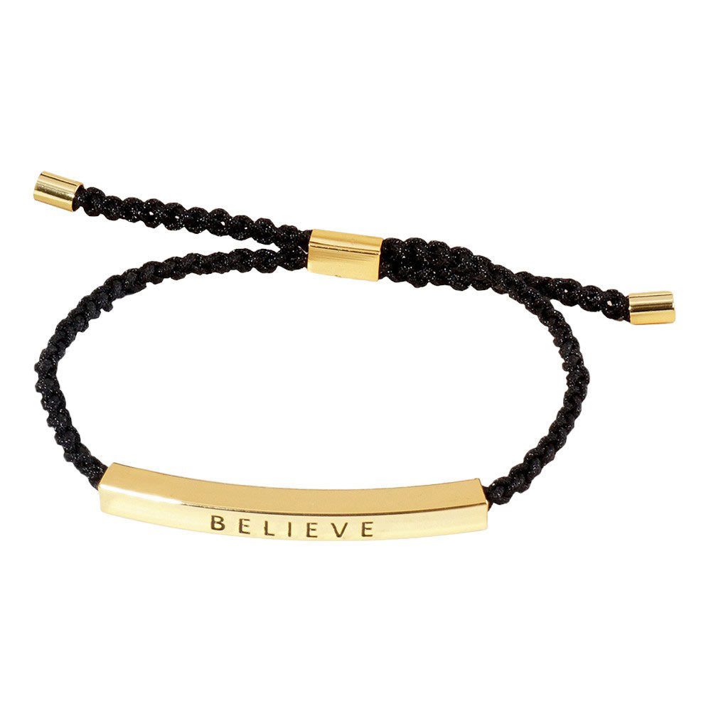 Gold-Dipped BELIEVE Message Bar Pointed Rope Adjustable Cinch Pull Tie Bracelet features an adjustable cinch pull tie for a perfect fit. The "BELIEVE" message bar adds a touch of inspiration to any outfit. Made with durable rope, this bracelet is designed to last and elevate your style.