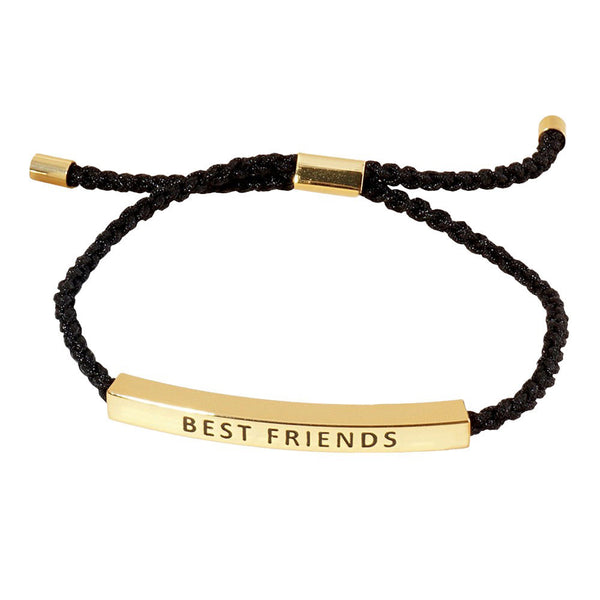 Gold-Dipped BEST FRIENDS Message Bar Pointed Rope Adjustable Cinch Pull Tie Bracelet is the perfect way to show your friendship. With its adjustable cinch pull tie design, this bracelet will fit comfortably on any wrist. The dipped message bar adds a unique touch, making it a must-have accessory. 