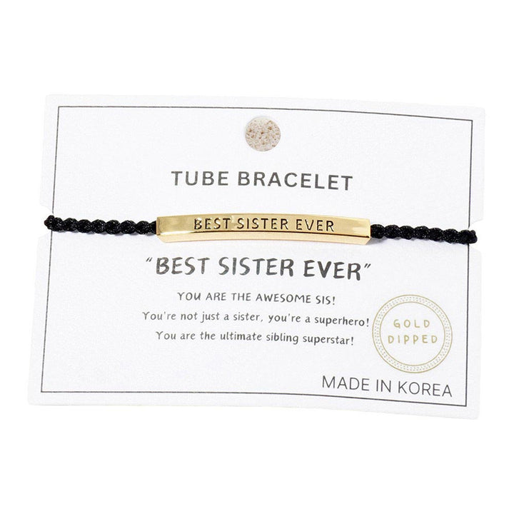 Gold-Dipped BEST SISTER Message Bar Pointed Rope Adjustable Cinch Pull Tie Bracelet is a thoughtful and stylish gift for your beloved sister. The adjustable cinch pull tie design ensures a perfect fit, while the dipped bar showcases the loving message. A perfect blend of fashion and sentimentality. 