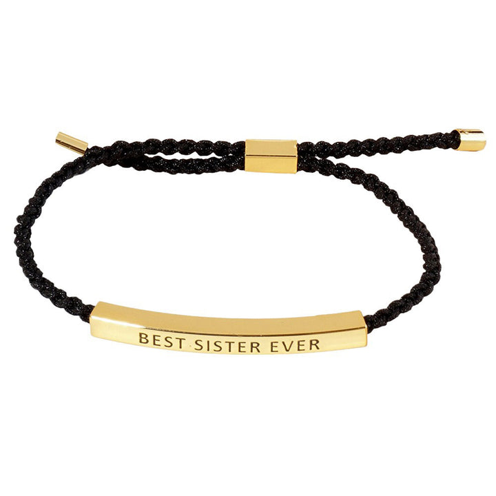 Gold-Dipped BEST SISTER Message Bar Pointed Rope Adjustable Cinch Pull Tie Bracelet is a thoughtful and stylish gift for your beloved sister. The adjustable cinch pull tie design ensures a perfect fit, while the dipped bar showcases the loving message. A perfect blend of fashion and sentimentality. 