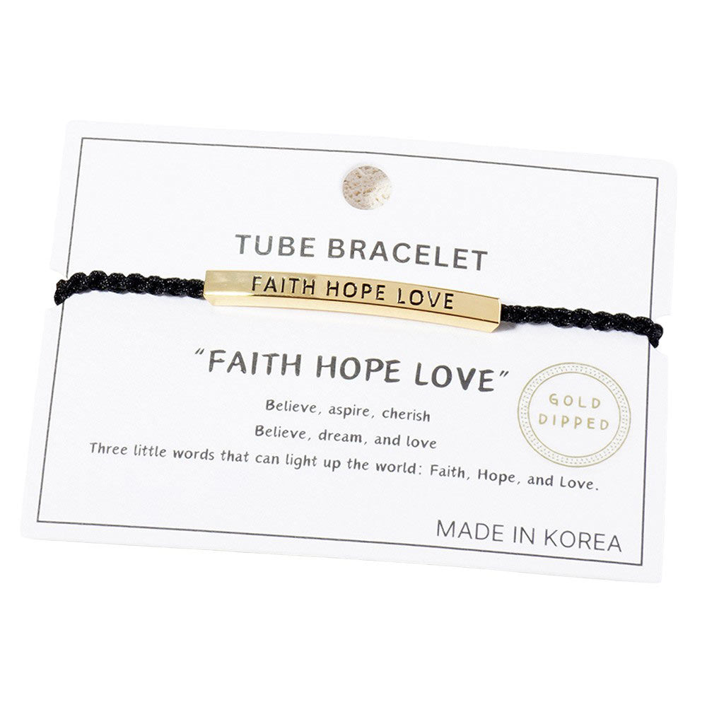 Gold-Dipped FAITH HOPE LOVE Message Bar Pointed Rope Adjustable Cinch Pull Tie Bracelet, Perfect accessory for anyone who values faith, hope, and love. With an adjustable cinch pull tie and a delicate rope design, this bracelet adds a touch of elegance to any outfit.-