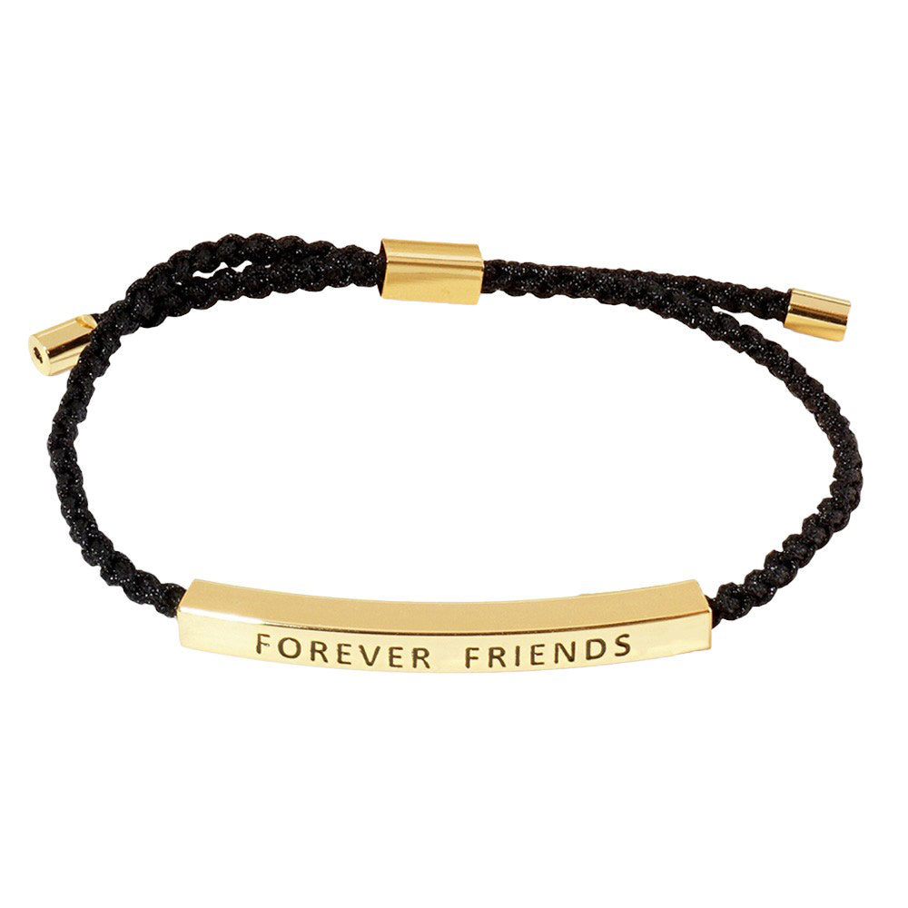 Gold-Dipped FOREVER FRIENDS Message Bar Pointed Rope Adjustable Cinch Pull Tie Bracelet, made with a delicate gold and white design, this bracelet features an adjustable cinch pull tie for a perfect fit. The message bar adds a heartfelt touch, making it a forever reminder of your friendship.