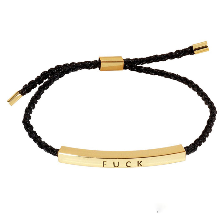 Gold-Dipped FUCK Message Bar Pointed Rope Adjustable Cinch Pull Tie Bracelet is the perfect addition to any outfit. The adjustable cinch design allows for a customizable fit, while the bold message bar adds a touch of edginess. Made with high-quality materials, this bracelet is both stylish and durable.