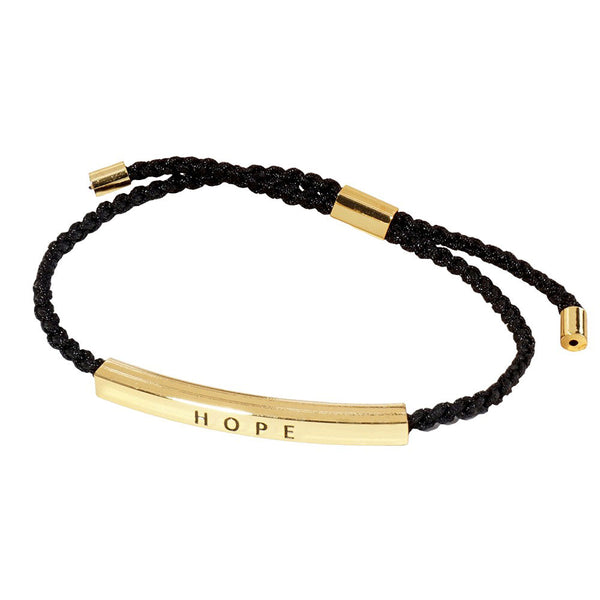 Gold-Dipped HOPE Message Bar Pointed Rope Adjustable Cinch Pull Tie Bracelet features a white gold-dipped HOPE message bar & a pointed rope design that can be easily adjustable with a cinch pull tie.Perfect for adding a touch of elegance to any outfit, while also providing a subtle reminder of hope and positivity 