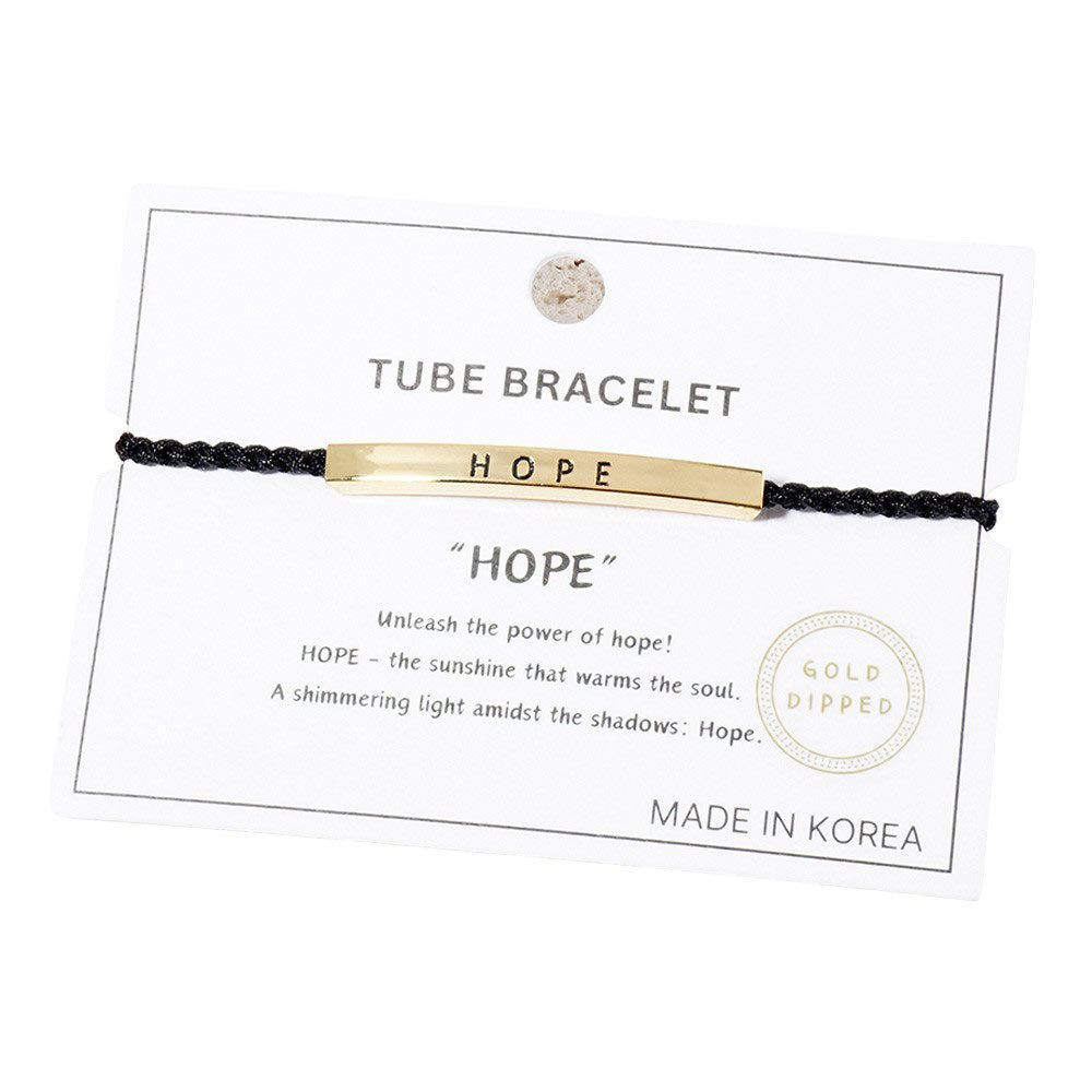 Gold-Dipped HOPE Message Bar Pointed Rope Adjustable Cinch Pull Tie Bracelet features a white gold-dipped HOPE message bar & a pointed rope design that can be easily adjustable with a cinch pull tie.Perfect for adding a touch of elegance to any outfit, while also providing a subtle reminder of hope and positivity-