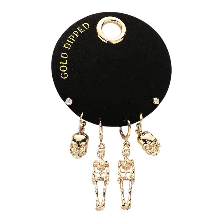 Gold Dipped Halloween Metal Skeleton Stone Stud Earring Set, Made with high-quality materials and carefully crafted, these earrings are perfect for adding a spooky touch to any outfit. With 3 different pairs to choose from, you can mix and match to create unique looks. Perfect for Halloween or any time you want to add some eerie elegance to your wardrobe. 