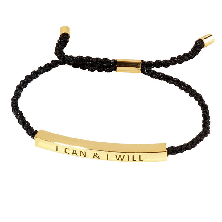 Gold-Dipped I CAN I WILL Message Bar Pointed Rope Adjustable Cinch Pull Tie Bracelet. This  Pull Tie Bracelet is a stylish and versatile accessory that will remind you to stay motivated and positive. The adjustable cinch pull tie design allows for a perfect fit,while the dipped white gold adds a touch of elegance