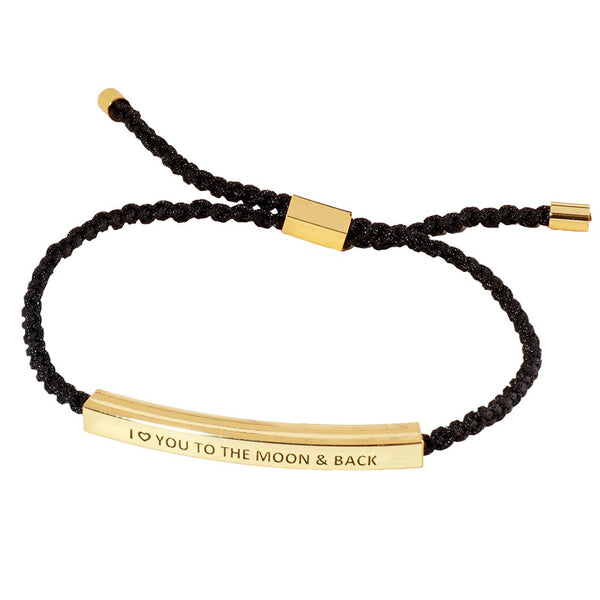 Gold-Dipped I LOVE TO THE MOON BACK Message Bar Pointed Rope Adjustable Cinch Pull Tie Bracelet features a pointed rope design and "I LOVE TO THE MOON BACK" bar message for a sentimental touch. With a cinch pull tie, it offers effortless wear and the perfect fit. Show your love with this unique and elegant piece