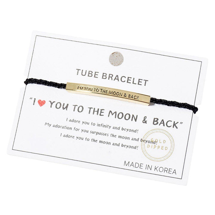 Gold-Dipped I LOVE TO THE MOON BACK Message Bar Pointed Rope Adjustable Cinch Pull Tie Bracelet features a pointed rope design and "I LOVE TO THE MOON BACK" bar message for a sentimental touch. With a cinch pull tie, it offers effortless wear and the perfect fit. Show your love with this unique and elegant piece .