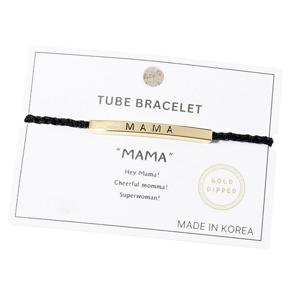 Gold-Dipped MAMA Message Bar Pointed Rope Adjustable Bracelet is perfect for any mother looking to add some style to her accessories. With the adjustable rope design and sleek message bar, this bracelet is both fashionable and meaningful. Show off your love for motherhood with this unique piece.