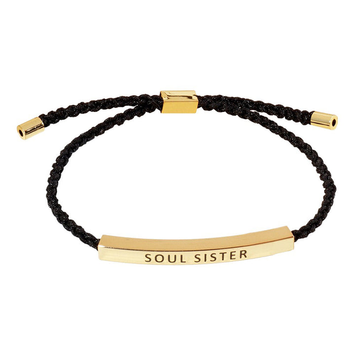 Gold-Dipped SOUL SISTER Message Bar Pointed Rope Adjustable Cinch Pull Tie Bracelet is a stylish and meaningful addition to any outfit. With its adjustable cinch pull tie, it can easily fit any wrist size. The dipped bar features the message "SOUL SISTER", making it the perfect gift for a special friend. 