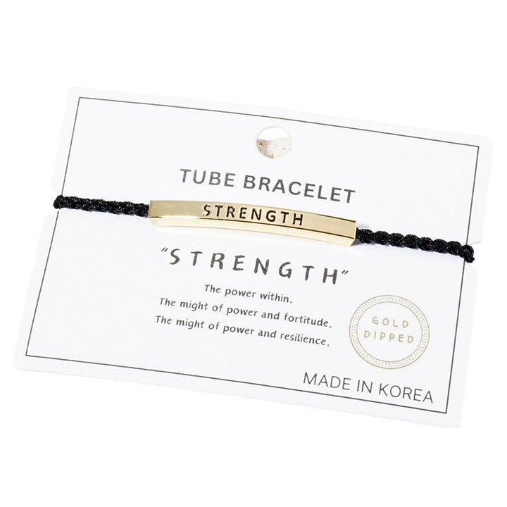 Gold-Dipped STRENGTH Message Bar Pointed Rope Adjustable Cinch Pull Tie Bracelet is a stylish and unique accessory that delivers a powerful message. The pointed rope design is not only fashionable, but also represents strength and resilience. With its durable construction and meaningful symbolism.