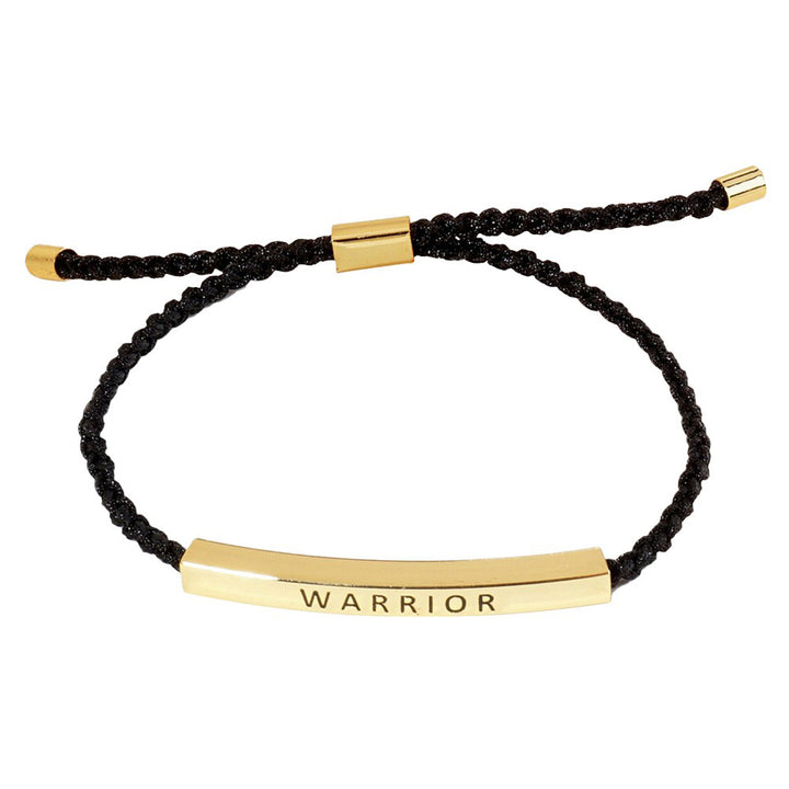 Gold-Dipped WARRIOR Message Bar Pointed Rope Adjustable Cinch Pull Tie Bracelet, Featuring an adjustable cinch pull tie, it provides both style and functionality. With a dipped WARRIOR message bar and pointed rope design, this bracelet is the perfect accessory for any occasion.