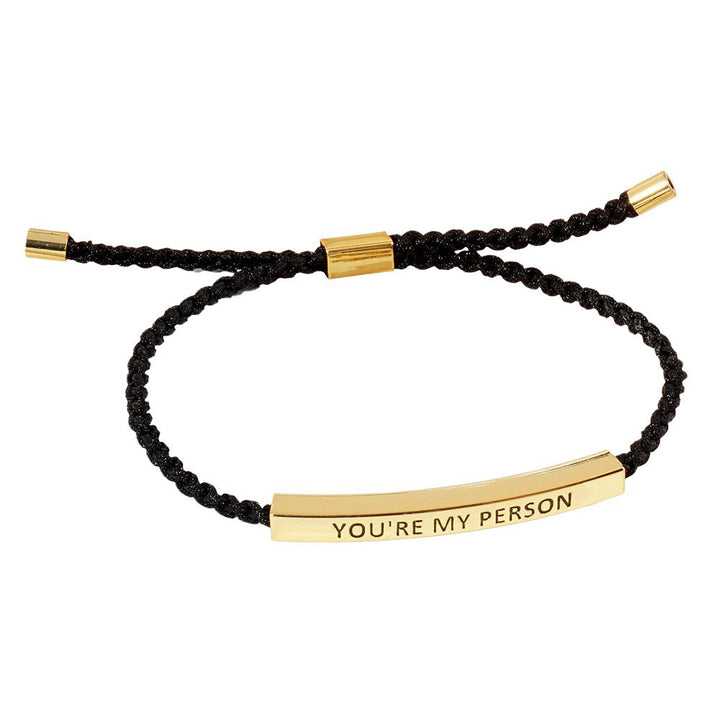 Gold-Dipped YOURE MY PERSON Message Bar Pointed Rope Adjustable Cinch Pull Tie Bracelet is the perfect way to show your special someone how much they mean to you. With a customizable cinch pull tie, it's easy to adjust for a comfortable fit and the message bar adds a personalized touch. 