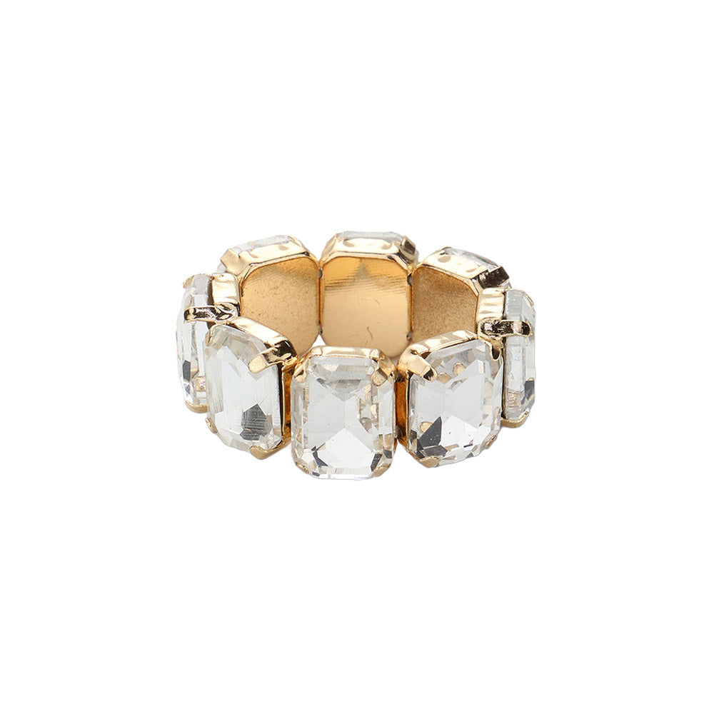 Gold Emerald Cut Stone Cluster Stretch Ring, is a unique statement piece. Featuring a cluster of emerald-cut stones set in a stretch band, it stands out from the crowd. Crafted with high-quality materials, this ring is sure to last for years. Perfect for any special occasion, this ring makes a perfect gift.
