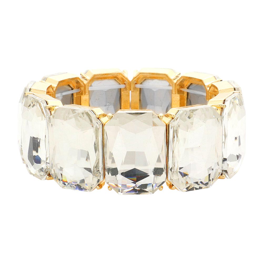 Gold Emerald Cut Stone Stretch Evening Bracelet, features an emerald cut stone that will shimmer in any light. It's an easy-to-wear bracelet that's perfect for any party or any occasion. Perfect gift for birthdays, anniversaries, Mother's Day, Graduation, Prom Jewelry, Just Because, Thank you, etc. Stay elegant.