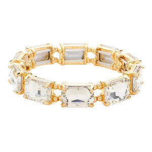 Gold Emerald Cut Stone Stretch Evening Bracelet, crafted from shimmering and high-quality glass beads. The Emerald cut of the stones makes sparkle and adds a touch of sophistication to any special occasion outfit. A timeless piece of jewelry perfect in any collection. Perfect gift for special ones on any special day.
