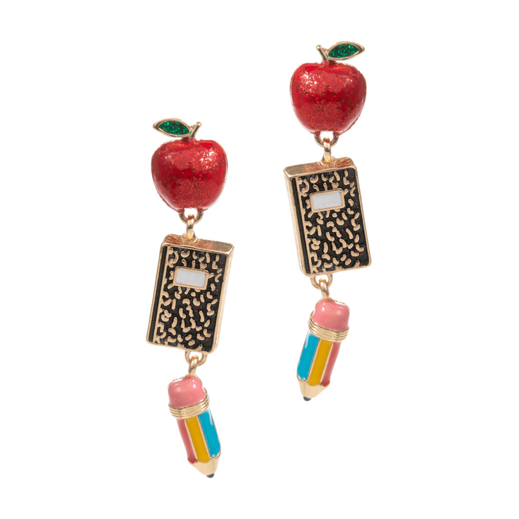 Enamel Apple Notebook Pencil Link Dropdown Earrings, these earrings combine the charming details of a notebook and pencil with the modern touch of enamel. Made with high-quality materials, these earrings are a perfect addition to any outfit. Make a statement while showing off your love for education and creativity.