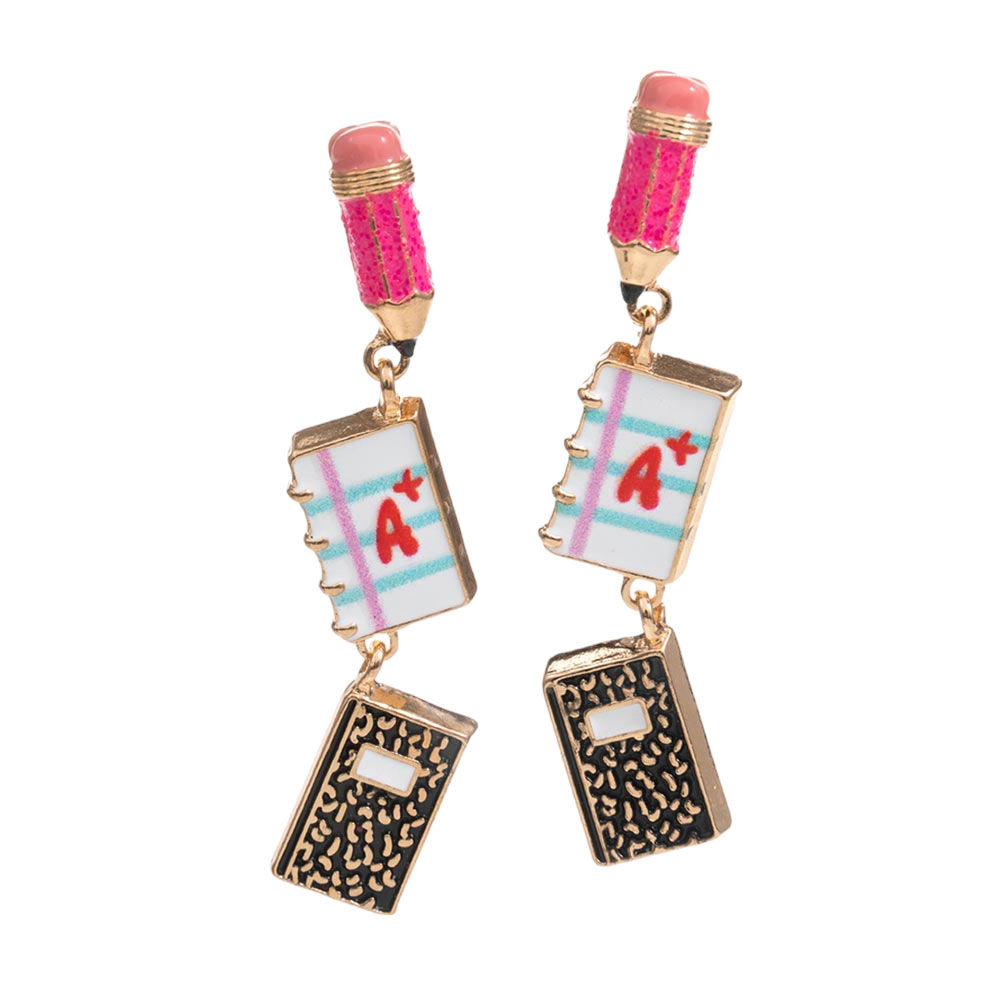 Gold Enamel Pencil Notebook Link Dropdown Earrings, These elegant earrings are the perfect addition to your accessory collection. Their unique design, featuring an enamel pencil and notebook link, adds a touch of sophistication to any outfit. Made with high-quality materials, these earrings are both durable and stylish.