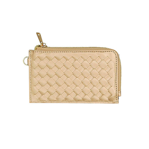 Faux Leather Basket Weave Flat Card Holder Wallet with Wristlet - Gold
