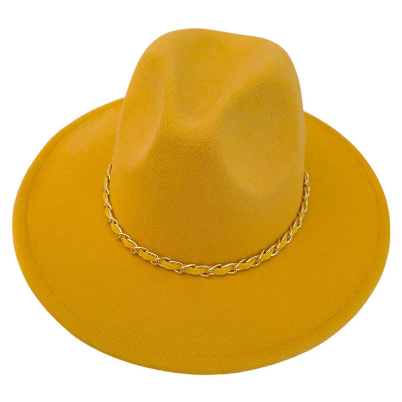 Gold-Faux Leather Braided Chain Band Pointed Fedora Hat offers a sleek and stylish accessory for any outfit. Made with high quality materials, the faux leather and braided chain band add a touch of sophistication to the classic pointed fedora shape. Upgrade your look with this trendy and durable hat.