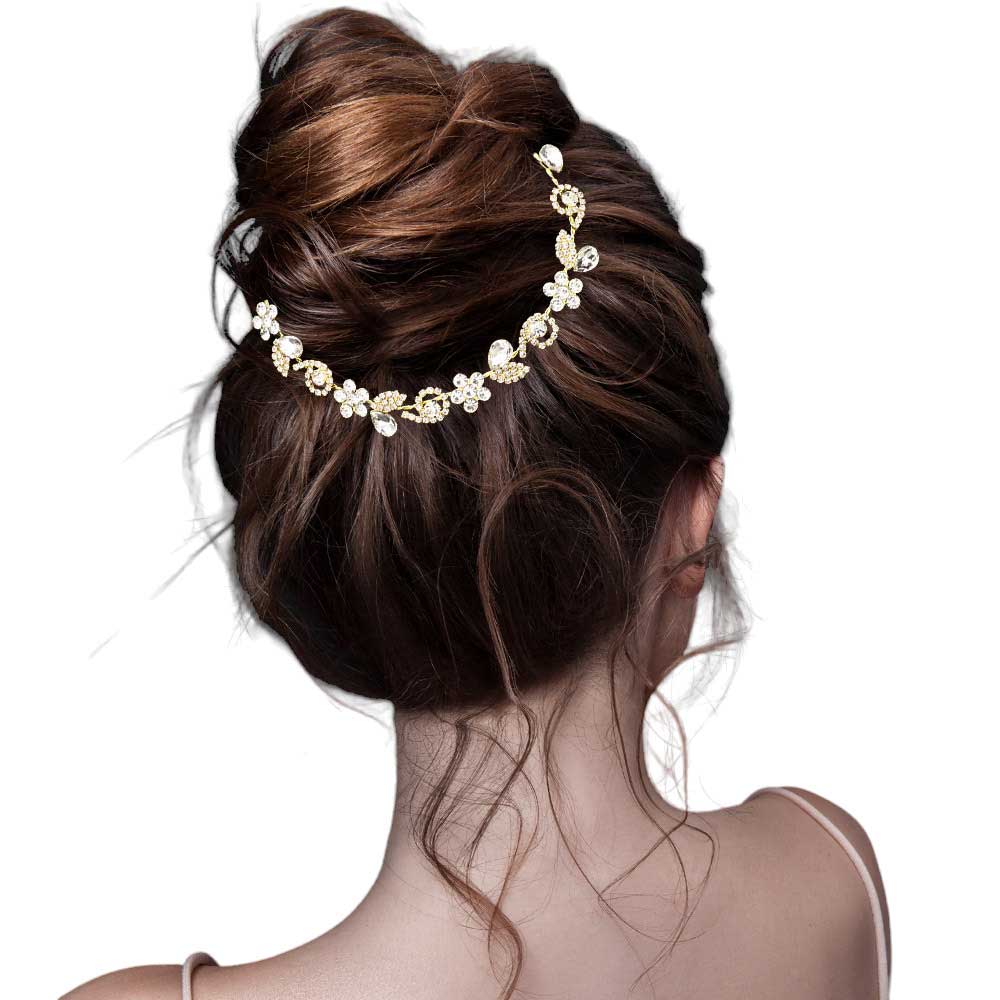 AB Gold Floral Multi-Stone Cluster Vine Bun Wrap Headpiece, this exquisite bun wrap headpiece features intricate clusters of multi-stone flowers with a delicate vine design. This headpiece is perfect for any special event. Perfect gift choice for birthdays, anniversaries, weddings, bridal showers, and other special occasions.