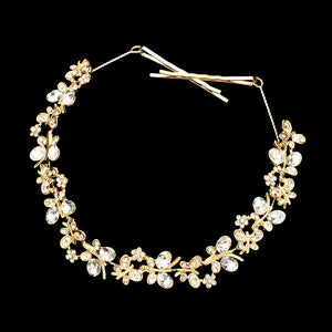 Gold Floral Oval Stone Accented Bun Wrap Headpiece, Elevate your special occasion or wedding hairstyle with this exquisite piece. With delicate floral motifs and shimmering oval stones, it's the perfect finishing touch for brides, or anyone looking to make a statement. Give the gift of timeless beauty with this headpiece.