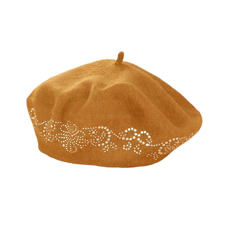 Gold-Flower Bling Studded Beret Hat, A stylish accessory for any outfit. With its floral design and studded accents, it adds a touch of elegance and glam to your look. Made with high-quality materials, it is durable and comfortable to wear. Perfect for any fashion lover.